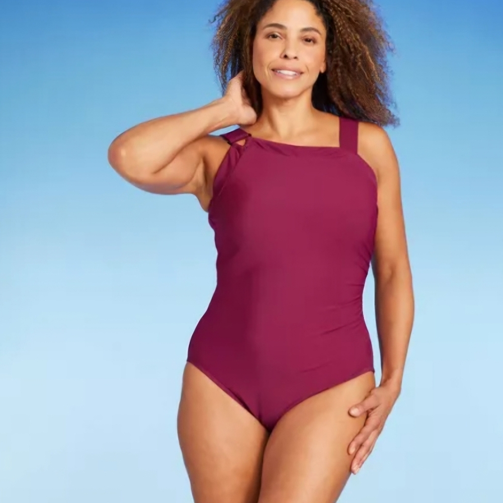 NWT Women's Asymmetrical Shoulder One Piece SMALL WINE Swimsuit | Aqua Green |